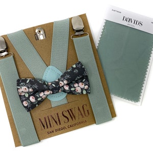 Gray Floral Bow Tie & Dusty Sage Suspenders -- PERFECT for Ring Bearer, Groomsmen, Wedding Outfit, Page Boy, Cake Smash, Davids Bridal