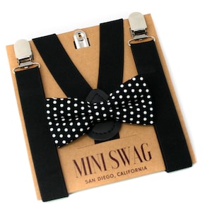 Black And White Polka Dot Bow Tie And Black Suspenders-Perfect For Ring Bearer Outfit, Cake Smash ,1st Birthday boy Outfit, Classic Wedding