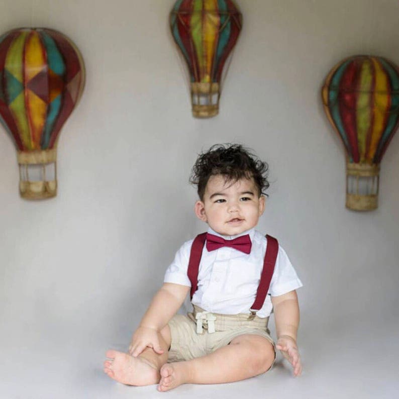 Ring Bearer Outfit Burgundy Bow Tie And Suspenders-- Perfect For Bugundy Wedding Theme Deep Red Bow Tie and Suspenders Set Wine Wedding