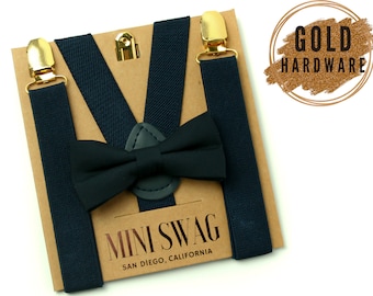 Navy Blue Bow Tie and Suspenders with GOLD Clips -- BABY - ADULT Sizes, Perfect for Ring Bearer, Page Boy, Cake Smash, Wedding, Juniper