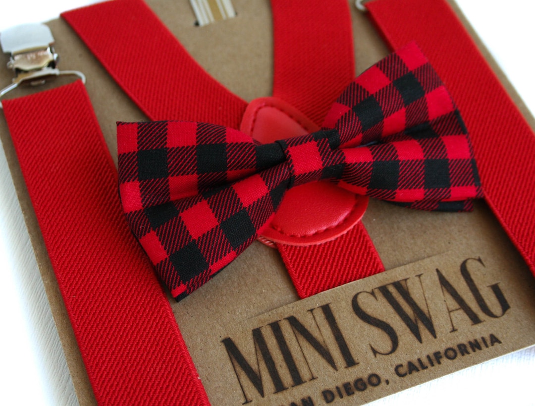 Buffalo Plaid Baby Bow Tie Suspenders, Boys Valentine's Outfit, Red