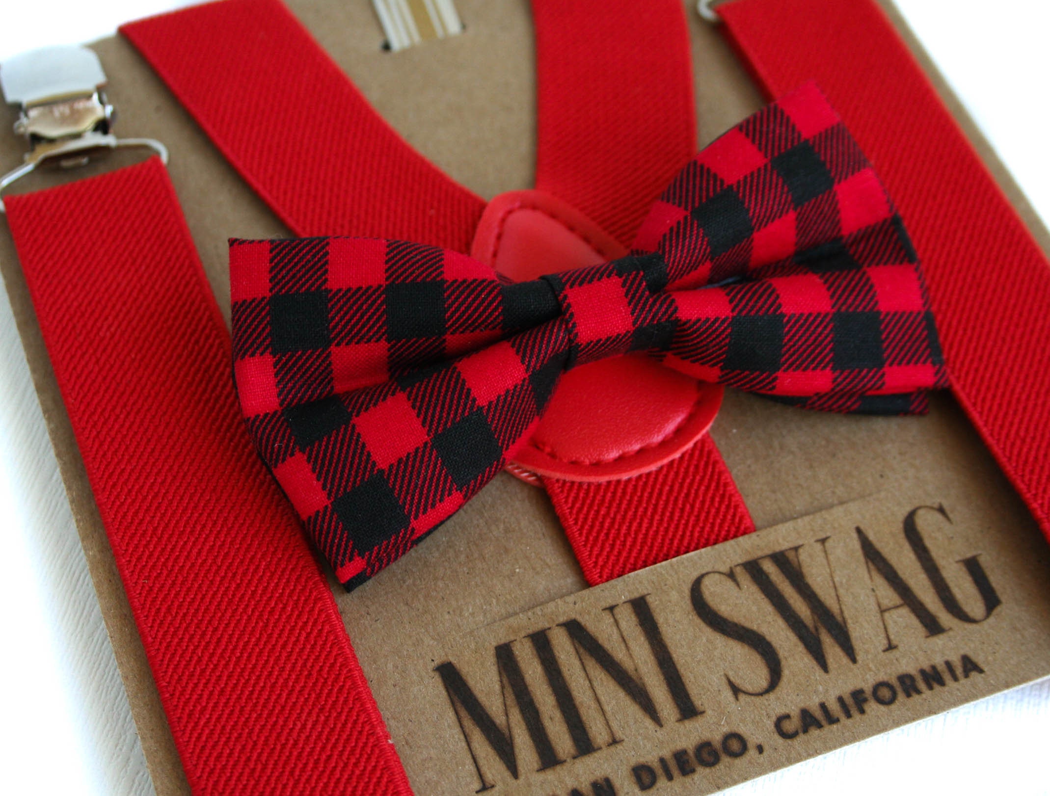 Baby Toddler Kids Child Plaid Tartan Red Suspenders Bow Tie Gift Box Set USA 