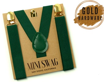 Hunter Green Suspenders with Gold Clips --- BABY-MENS Sizes, PERFECT for Ring Bearer, Page Boy, Groomsmen, Braces, Wedding, Juniper, Forest