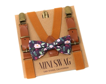 Marsala Floral Bow Tie & Leather Suspenders --- PERFECT for Ring Bearer or Page Boy Outfit, Groomsmen, Fall Wedding, Mother&#39;s Day