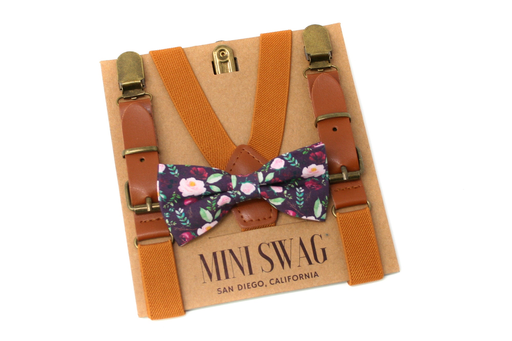 Marsala Floral Bow Tie & Leather Suspenders --- PERFECT for Ring