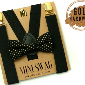 Vlinderdas met zwarte en gouden stippen + zwarte bretels met gouden clips --- PERFECT voor outfit voor ringdrager, peuterbruiloft, cake Smash