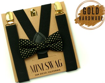 Black & Gold Dot Bow Tie + Black Suspenders with GOLD Clips --- PERFECT for Ring Bearer Outfit, Toddler Wedding, Cake Smash