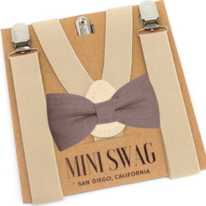 Mauve Linen Bow Tie & Khaki Suspenders -- PERFECT for Ring Bearer, Groomsmen, Wedding Outfit, Page Boy, Cake Smash, Davids Bridal Quartz