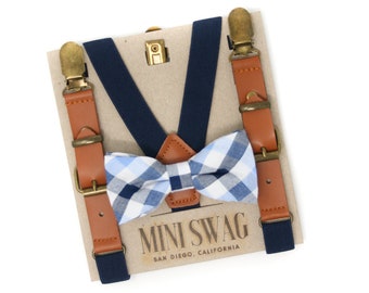 Navy and Light Blue Plaid Bow Tie & Navy Leather Suspenders --- PERFECT for Cake Smash, Boys Birthday Outfit, Ring Bearer or Page Boy