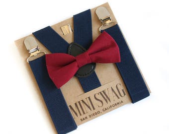 Burgundy Bow Tie & Navy Suspenders --- Perfect for Ring Bearer, Groomsmen, Page Boy, Cake Smash, BABY - ADULT SIZES