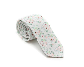 White Blush Floral Bow Tie or Skinny Necktie --- PERFECT for Ring Bearer or Page Boy, Groomsmen, Summer Wedding