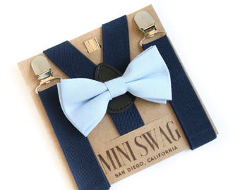 Light Blue Bow Tie & Navy Blue Suspenders--PERFECT for Cake Smash Outfit, 1st Birthday, Ring Bearer or Page Boy Outfit, Toddler, Groomsmen