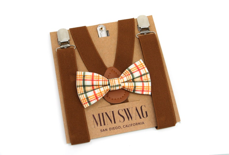 Mens Sizes Fall Plaid Bow Tie /& Coffee Brown Suspenders --- PERFECT for Ring Bearer Outfit Thanksgiving Baby Wedding Groomsmen