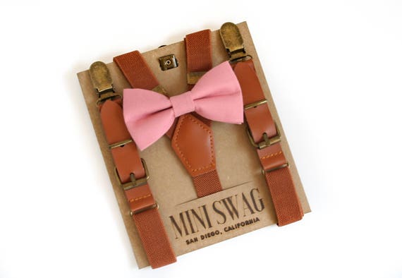 Dusty Rose Bow Tie and Leather Suspenders, Bow Tie Ring Bearer Outfit, Boy Cake Smash Outfit, 1st Birthday Outfit, Boys Wedding Outfit