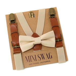 Khaki Boys Bow Tie & Tan Leather Suspenders -- PERFECT for Ring Bearer, Page Boy Outfits, Wedding, Baby Shower Gift, Cake Smash and Birthday