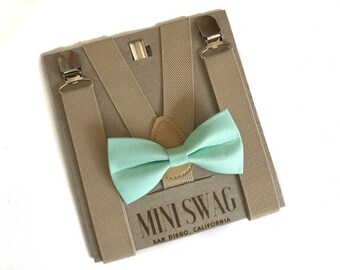 Mint Green Bow Tie & Khaki Suspenders --- PERFECT for Groomsmen, Ring Bearer or Page Boy Outfit, Cake Smash, 1st Birthday, Tan, Beige