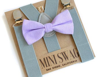 Lavender Bow Tie & Gray Suspenders --- PERFECT for Ring Bearer Outfit, Boys Bow Tie Suspenders Set, Cake Smash Outfit