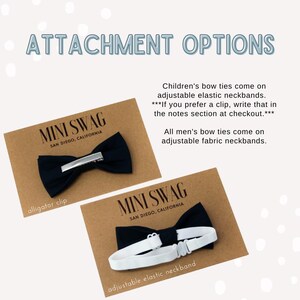 May include: Two navy blue bow ties from Mini Swag, one with an alligator clip and the other with an adjustable elastic neckband. The text "ATTACHMENT OPTIONS" is at the top. The bow ties are displayed on brown cards.