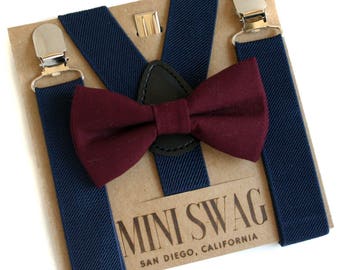 Marsala Bow Tie, Wine Bow Tie, Wedding Suspenders Navy, Boys Bow Tie Set, Ring Bearer Outfit, Bow Tie and Suspenders Set, Baby Boy Bow Tie