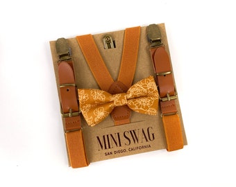 Camel Floral Bow Tie & Leather Suspenders -- PERFECT for Ring Bearer, Page Boy, Groomsmen, Fall Wedding, Terracotta, Bronze, Rust, Copper