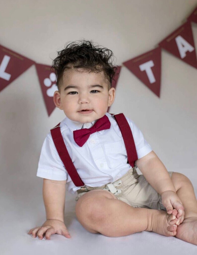 Ring Bearer Outfit Burgundy Bow Tie And Suspenders-- Perfect For Bugundy Wedding Theme Deep Red Bow Tie and Suspenders Set Wine Wedding