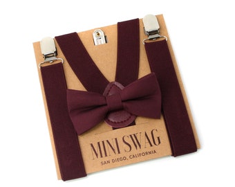 Marsala Bow Tie & Wine Suspenders - PERFECT for a Ring Bearer, Page Boy, Groomsmen, Wedding, Maroon, Burgundy, Birdy Grey Cabernet, Sangria
