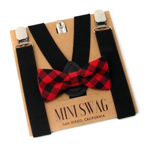 Buffalo Plaid Bow Tie, Boys Valentine&#39;s Outfit, Toddler Suspenders Black, Outfits for Boys, Valentine&#39;s Bow Tie, Baby Bowtie Suspenders