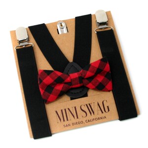 Buffalo Plaid Bow Tie, Boys Valentine's Outfit, Toddler Suspenders Black, Outfits for Boys, Valentine's Bow Tie, Baby Bowtie Suspenders