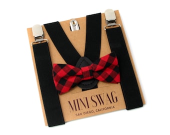 Buffalo Plaid Bow Tie, Boys Valentine's Outfit, Toddler Suspenders Black, Outfits for Boys, Valentine's Bow Tie, Baby Bowtie Suspenders