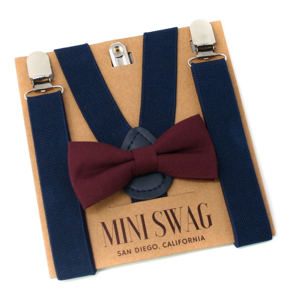 Marsala Bow Tie and Navy Suspender Set -- PERFECT for Ring Bearer or Page Boy Outfit, Groomsmen, Birthday, Wedding, Sangria, Cabernet