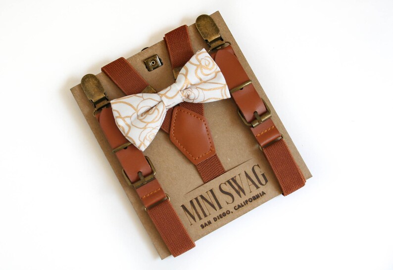 Rose gold bow tie Gold Rose Bow Tie /& Leather Suspenders--Perfect for Ring Bearer Outfit 1st Birthday Outfit Gold Boys Wedding Outfit