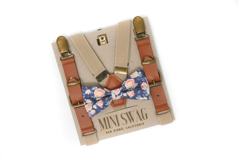 Dusty Blue Floral Bow Tie & Khaki Leather Suspenders Etsy