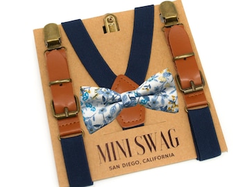 Dusty Blue Floral Bow Tie & Navy Leather Suspenders - PERFECT for Groomsmen, Ring Bearer, Page Boy Outfit, Wedding, Necktie, Steel, Twilight