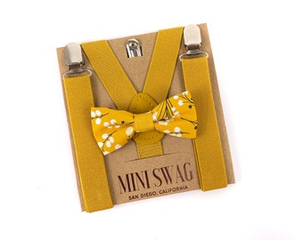 Mustard Floral Bow Tie & Suspenders --- PERFECT for Ring Bearer Outfit, Cake Smash Outfit, 1st Birthday Outfit, Fall Wedding, Easter