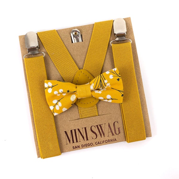 Mustard Floral Bow Tie & Suspenders --- PERFECT for Ring Bearer Outfit, Cake Smash Outfit, 1st Birthday Outfit, Fall Wedding, Easter