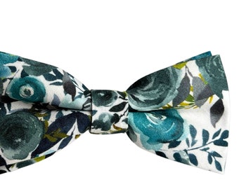 Sea Glass Floral Bow Tie --- PERFECT for Groomsmen, Ring Bearer Outfit, Wedding, Birdy Grey Color Match, Kennedy Blue Morilee Deep Sea