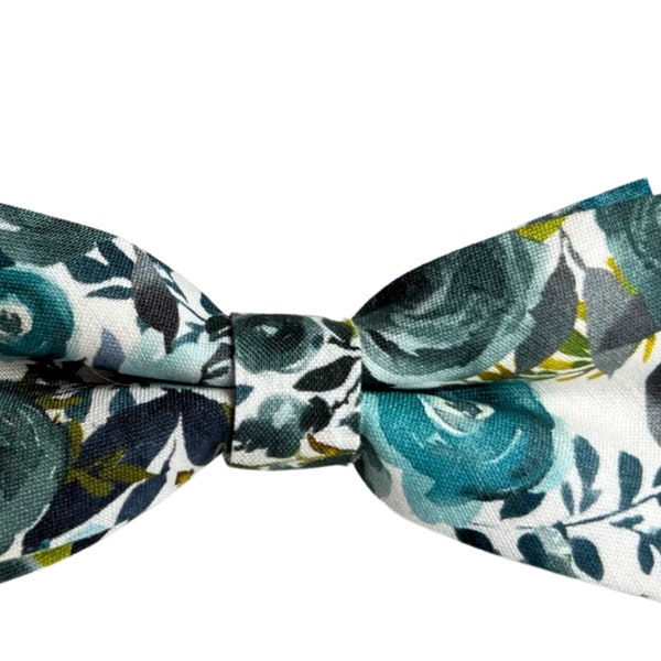 Sea Glass Floral Bow Tie --- PERFECT for Groomsmen, Ring Bearer Outfit, Wedding, Birdy Grey Color Match, Kennedy Blue Morilee Deep Sea