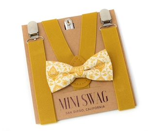 Mustard Floral Bow Tie & Suspenders --- PERFECT for Ring Bearer Outfit, Cake Smash Outfit, 1st Birthday Outfit, Fall Wedding, Easter