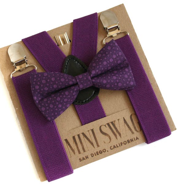 Plum Dot Bow Tie and Suspenders--PERFECT for Wedding,Ring Bearer or Page Boy Outfit,Purple birthday,Cake Smash,Baby