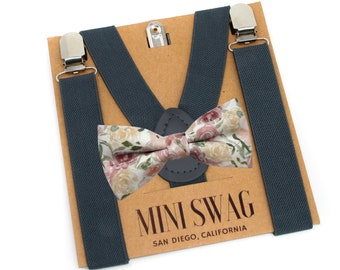 Dusty Rose and Champagne Floral Bow Tie & Dark Gray Suspenders Set -- PERFECT for Ring Bearer Outfit, Groomsmen, Wedding, Pale Blush, Quartz