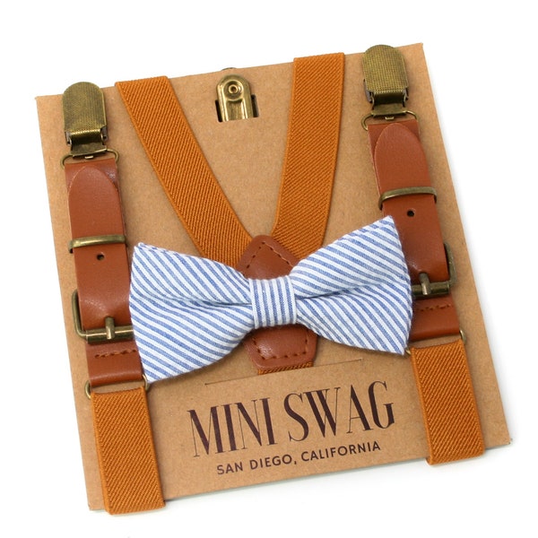 Navy Blue Seersucker Bow Tie & Camel Leather Suspenders --- PERFECT for Groomsmen, Ring Bearer or Page Boy Outfit, Cake Smash, Striped