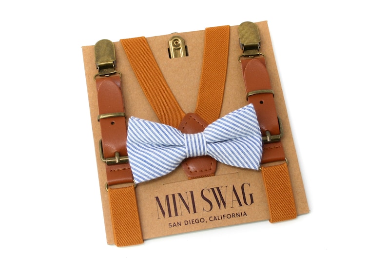 Navy Blue Seersucker Bow Tie & Camel Leather Suspenders --- PERFECT for Groomsmen, Ring Bearer or Page Boy Outfit, Cake Smash, Striped image 1