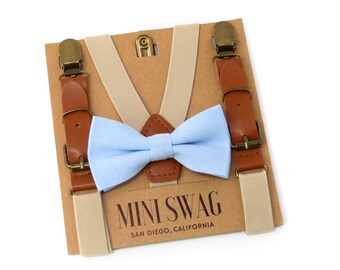 Light Blue Bow Tie and Khaki Leather Suspenders // Baby - Men's SIZES // PERFECT for a Ring Bearer or Page Boy Outfit, Wedding