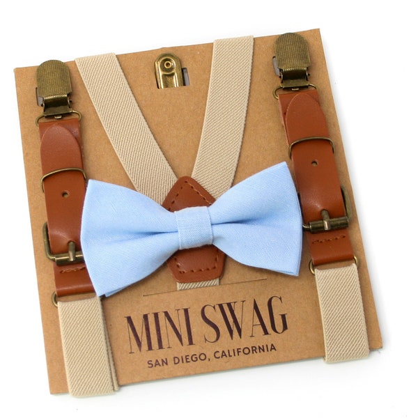 Light Blue Bow Tie and Khaki Leather Suspenders // Baby - Men's SIZES // PERFECT for a Ring Bearer or Page Boy Outfit, Wedding