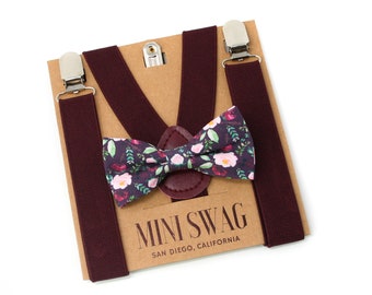 Marsala Burgundy Floral Bow Tie & Wine Suspenders Set -- PERFECT for Ring Bearer Outfit, Page Boy, Groomsmen, Wedding Gift