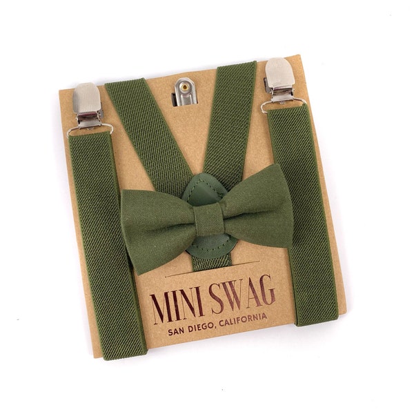 Olive Green Bow Tie & Suspenders --- PERFECT for David's Bridal Martini Olive Match, Groomsmen, Ring Bearer Page Boy Outfit, Wedding, Moss