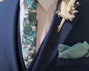 Sea Glass Floral Necktie, Bow Tie, Pocket Square --- PERFECT for Groomsmen, Ring Bearer, Deep Sea Wedding, Birdy Grey, Kennedy Blue, Morilee