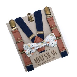 White Fall Floral Bow Tie and Navy Blue Leather Buckle Suspenders -- Perfect for Ring Bearer, Page Boy, Boys Cake Smash, 1st Birthday Outfit