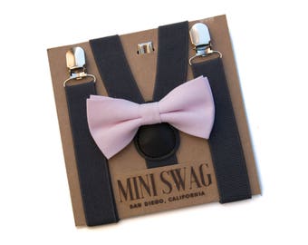 Light Pink Bow Tie With Dark Gray Suspenders- Perfect for Cake Smash Outfit, Mother's Day, Easter Outfit, Spring Wedding ,Ring Bearer Outfit