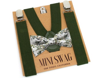 Eucalyptus Bow Tie & Olive Green Suspenders Set -- PERFECT for Ring Bearer Outfit, Page Boy, Groomsmen, Wedding, Necktie, Agave, Fern, Moss